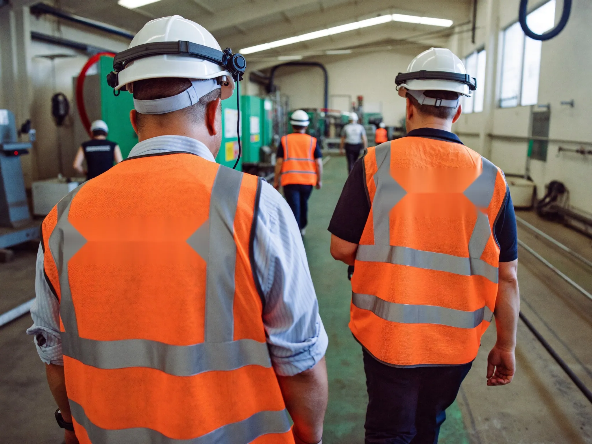 Técnicos con casco y chaleco caminando por una planta industrial