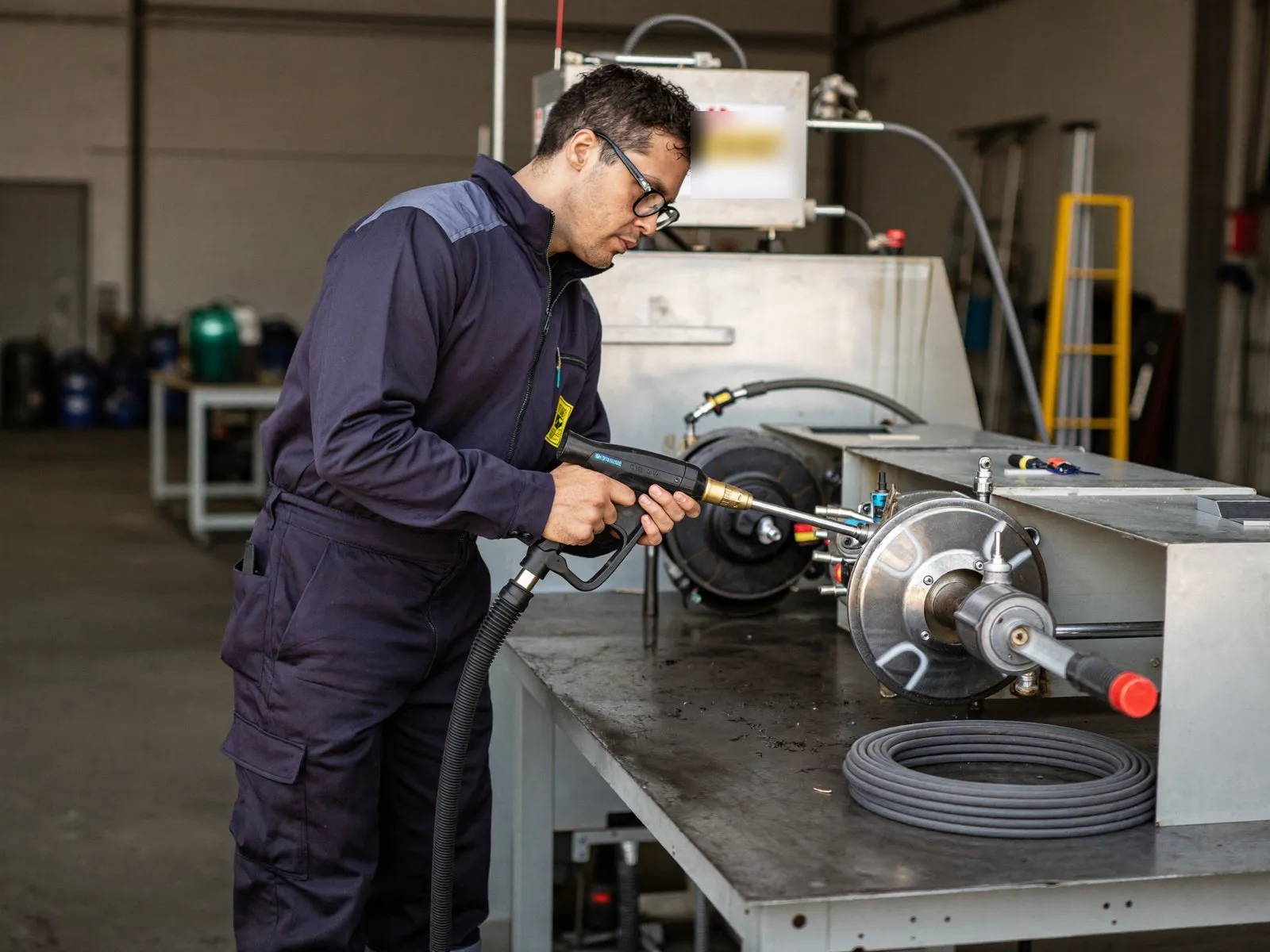 Técnico dando mantenimiento a una hidrolavadora industrial